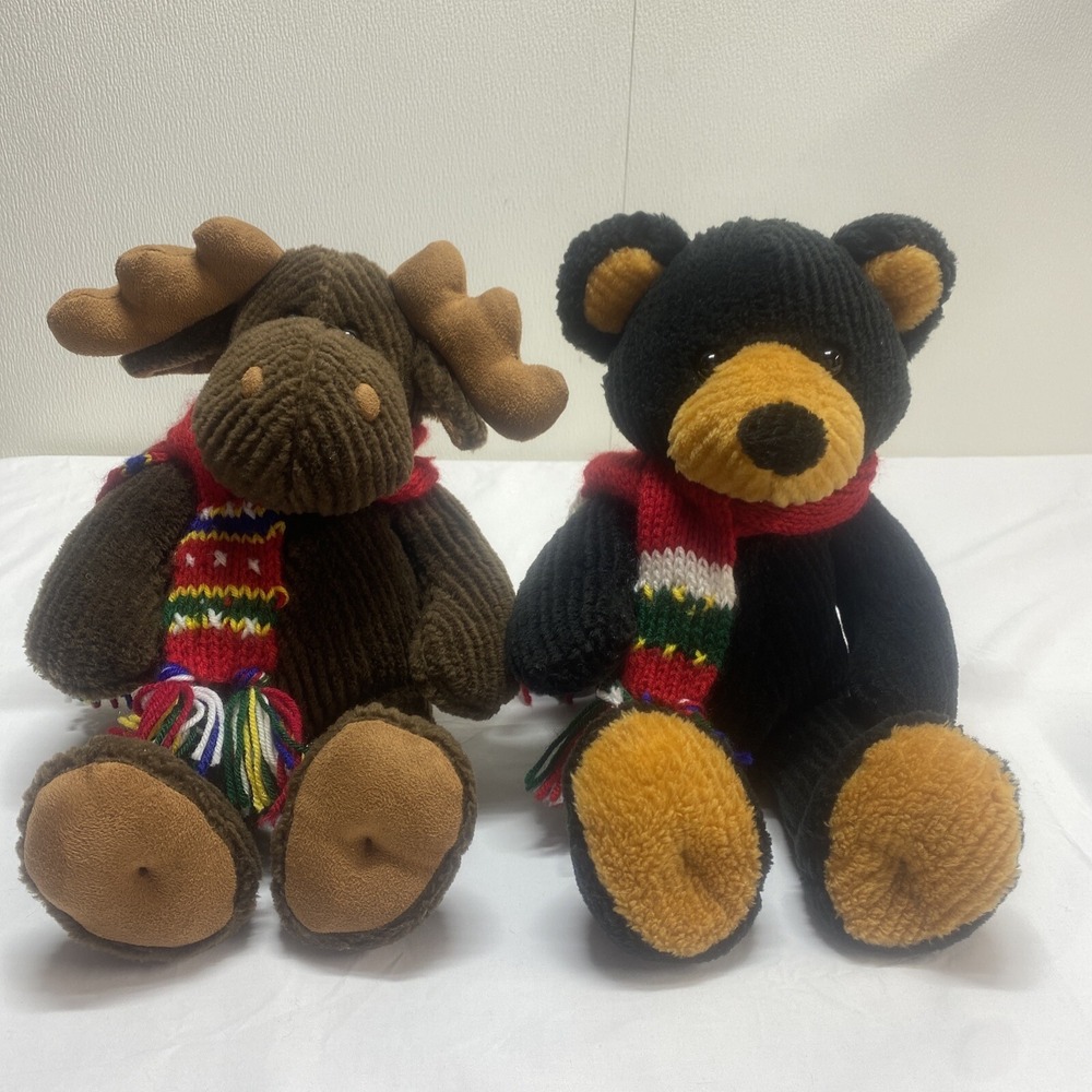2 Dandee Corduroy Black Bear / Moose scarf Plush Stuffed animal toy Cabin Decor